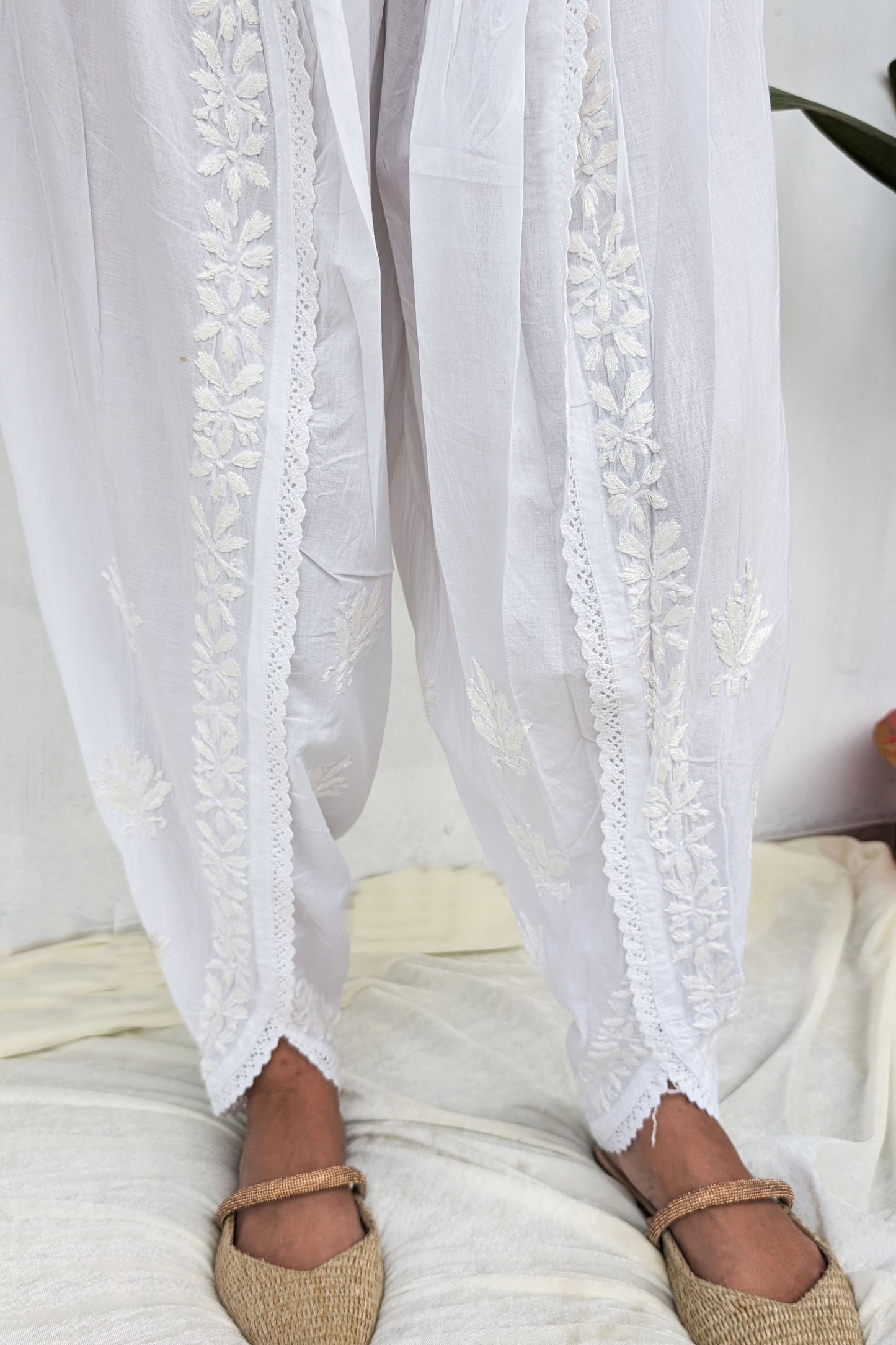 White Cotton Chikankari Dhoti Pants