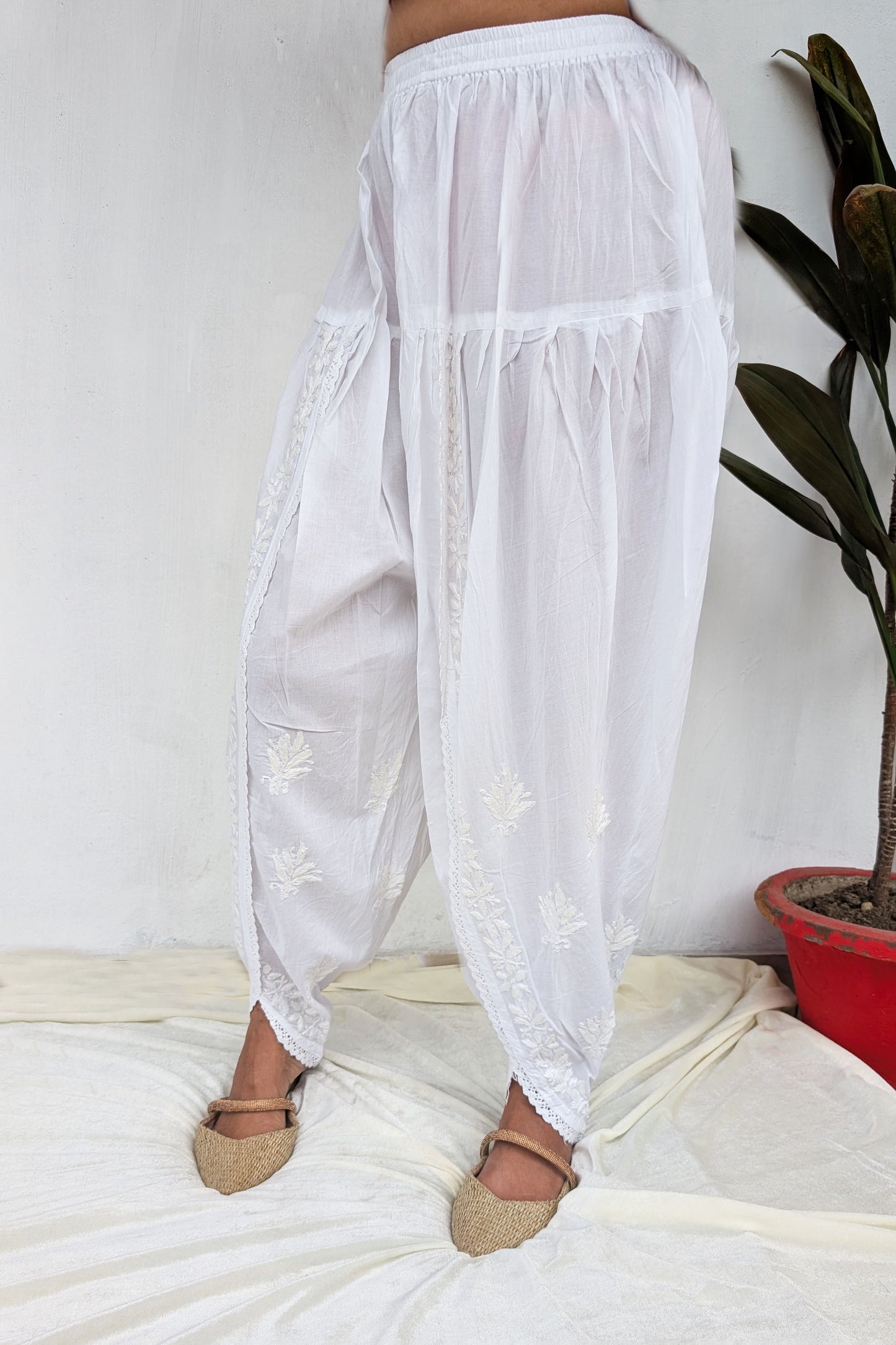White Cotton Chikankari Dhoti Pants