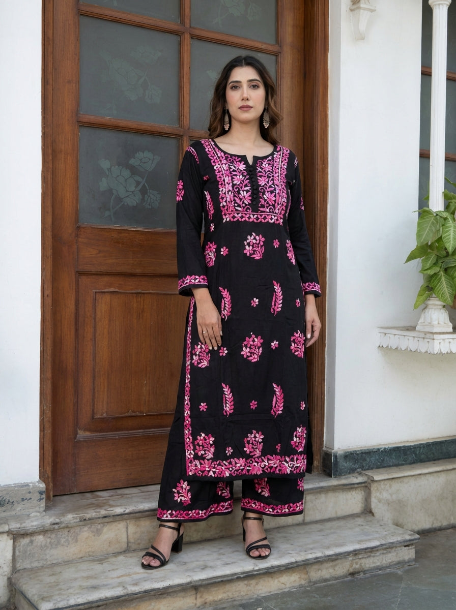 Black Multi Thread Viscose Chikankari Kurta Set - of 2