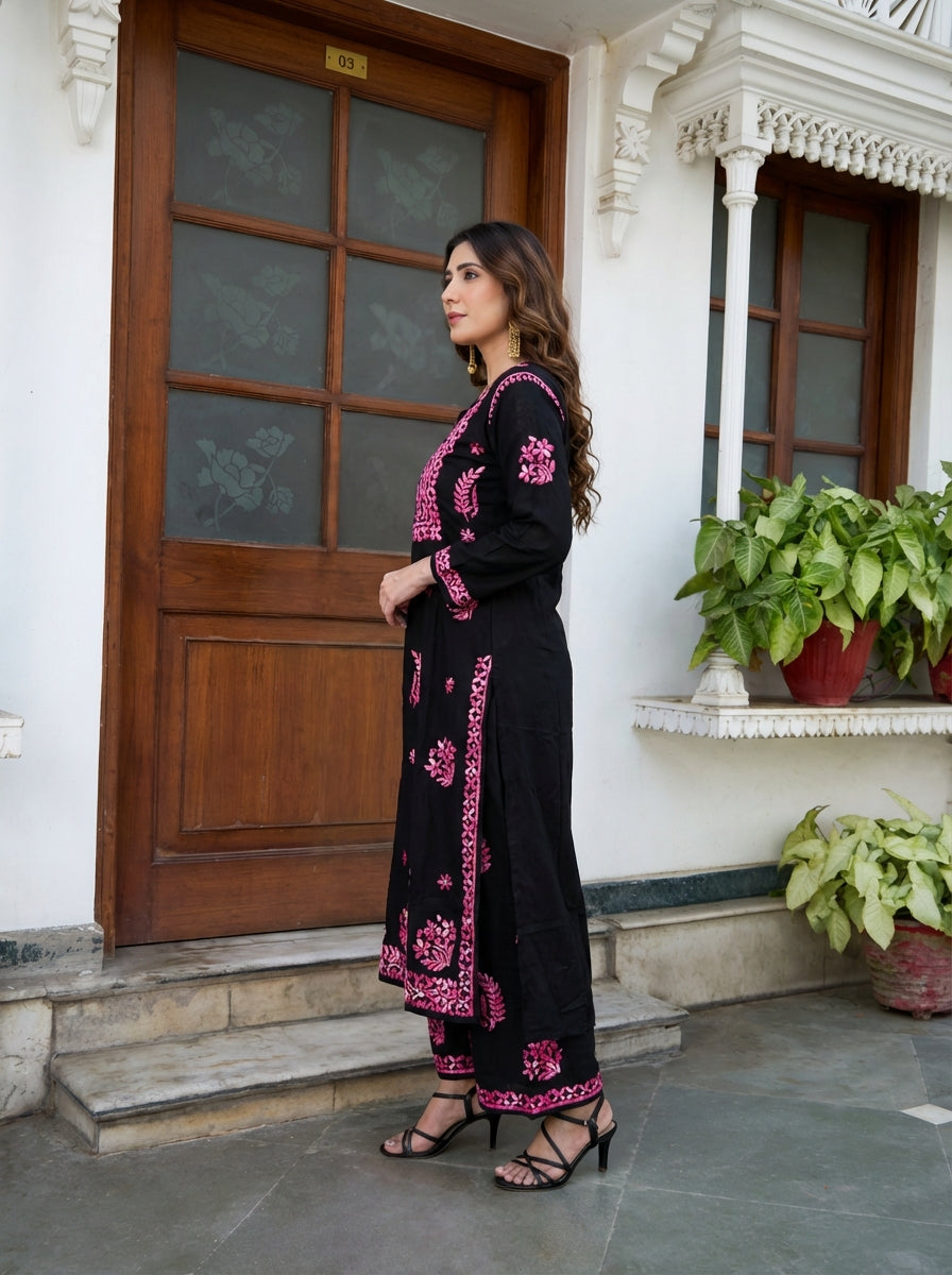 Black Multi Thread Viscose Chikankari Kurta Set - of 2