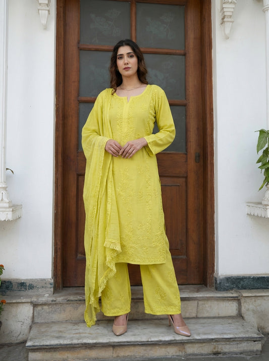 Aabroo Lemon Yellow Viscose Chikankari Kurta Set - of 3