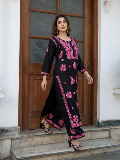 Black Multi Thread Viscose Chikankari Kurta Set - of 2